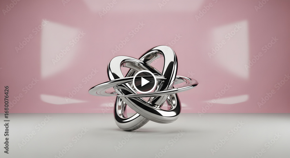 Poster elegant chrome sculpture with play icon casting soft shadows on a studio setting