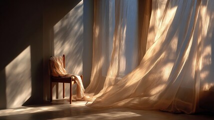 Sunlit minimalist corner with sheer linen curtain gently lifted by breeze, soft glow filling the space, muted tones creating calm atmosphere, safety, familiarity and serene negative space