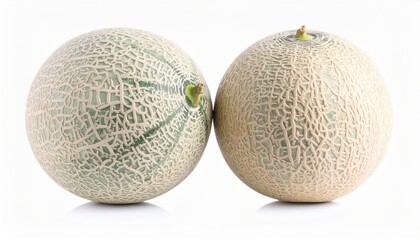 Two whole cantaloupes with intricate textured rind, perfect for healthy eating and culinary themes.