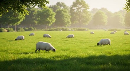 Fototapeta premium Sheep graze in a bright green field with trees in the background