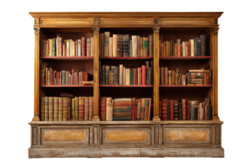 Antique Wooden Bookcase Filled with Vintage Books on Transparent Background