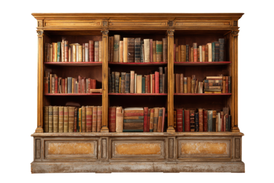 Antique Wooden Bookcase Filled with Vintage Books on Transparent Background