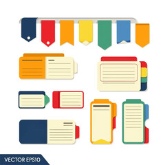 Colorful notepaper templates with tabs and banners, ideal for presentations or organization, conveying a cheerful and productive mood.