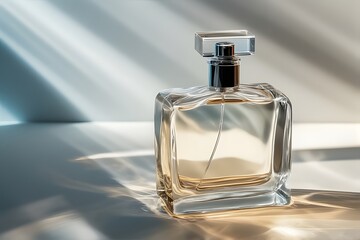 Elegant perfume bottle with modern design and captivating light reflections creating a luxurious ambiance