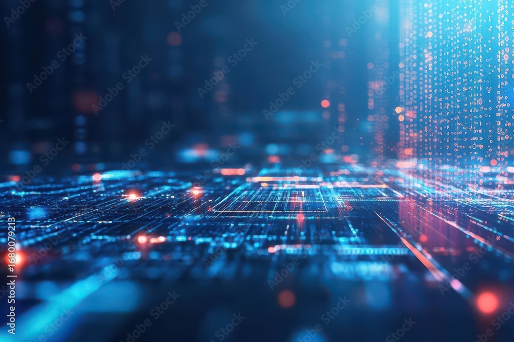 Poster futuristic digital technology concept with glowing data streams and abstract cityscape background il