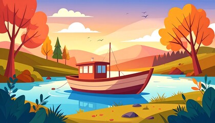 Autumnal lake scene with boat