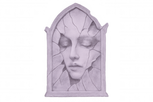 Stone face with closed eyes emerging from cracked wall, isolated on transparent background, creating a mysterious and evocative atmosphere