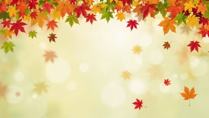 Vibrant autumn maple leaves create a colorful border on a soft, bokeh-filled background, evoking the beauty and warmth of the fall season, perfect for seasonal designs and greetings