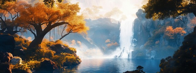 Waterfalls cascade into a still lake surrounded by autumn-toned trees