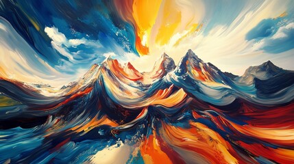 Abstract painting with mountain peaks under bright sky, using vibrant, flowing brushstrokes in warm and cool tones