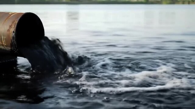 Dirty Water Flows from Rusty Pipe Polluting a Lake In Broad Daylight