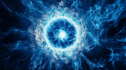 Glowing blue energy orb emanating fractal-like patterns, resembling a cosmic event or stylized nebula