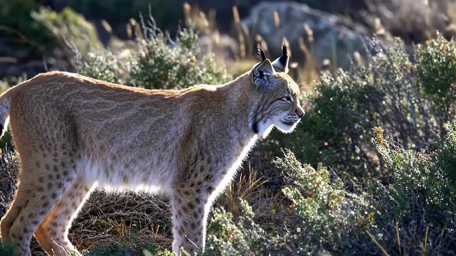 Majestic Iberian Lynx Walking Through a Sun-Drenched Wilderness at Golden Hour