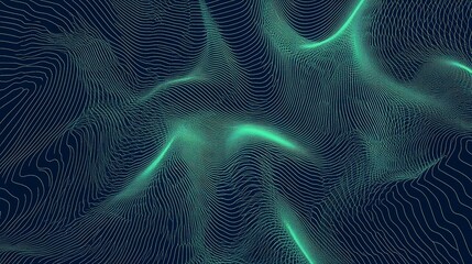 Abstract turquoise, flowing contour lines glow softly against a dark background creating a textured landscape