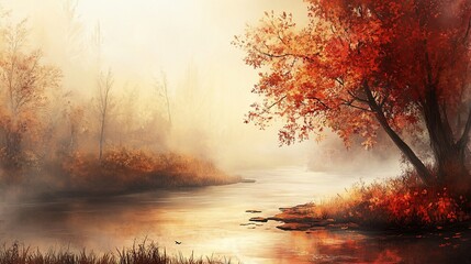Riverbank scene painted in autumn. Orange tree reflections in water. Mist fills air, creating soft, serene feeling
