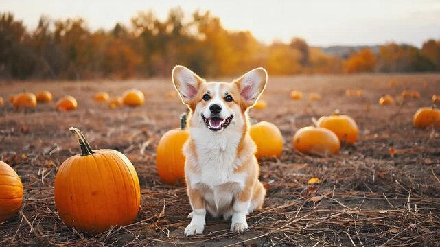 corgi dog at pumpkin patch farm autumn fall. Happy Halloween, thanksgiving day