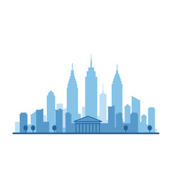 Fototapeta premium A blue silhouette skyline of a city with various buildings, including skyscrapers and a classical building.