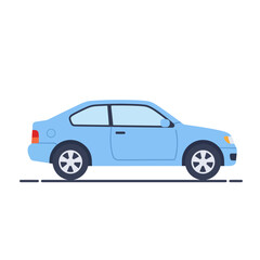 Fototapeta premium A light blue coupe car is shown in a side view, with visible wheels and lights, on a white background.