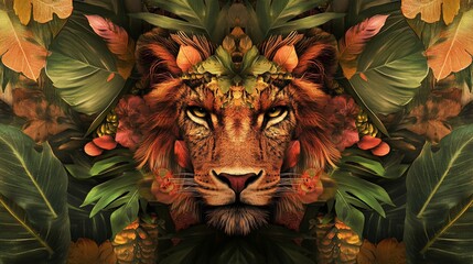 Lion face integrated with tropical foliage, symmetrical mirrored nature, artistic digital