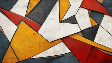 Abstract Overlapping triangles of red, yellow, white, and gray create a dynamic, textured, geometric pattern