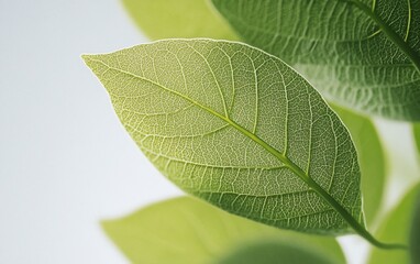 Translucent green leaf illuminated, revealing intricate vein structure against a blurred, bright background