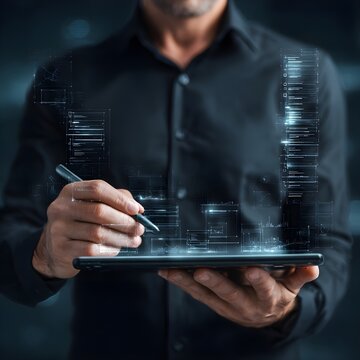 Hombre de negocios con tablet y bol&iacute;grafo digital, oficina futurista, holograma de lista de verificaci&oacute;n