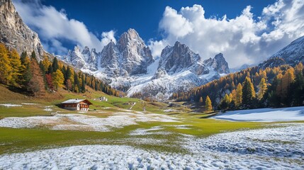 Snowy peaks loom over a meadow with an alpine hut under autumn foliage and a partly cloudy blue sky