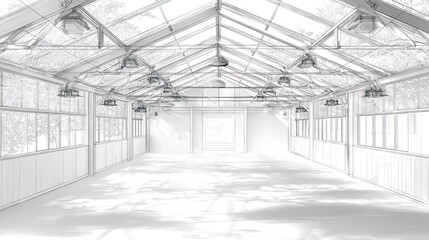 Fototapeta premium White wireframe sketch of greenhouse interior, overhead lights, bright sunlight