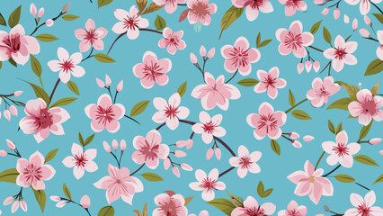 Light Pink Cherry Blossoms and Green Leaves on a Blue Background Pattern sakura pink flowers