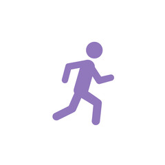 A simple purple silhouette of a person running, depicted on a white background.