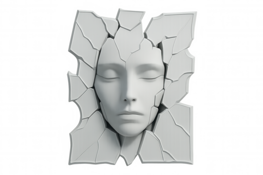White plaster face emerging from broken wall, creating a dramatic and surreal concept with transparent background