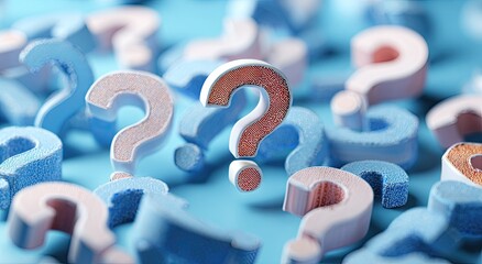 Numerous light-blue and coral question marks scattered on a light-blue background