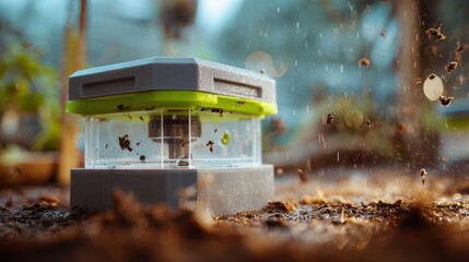 Medium shot of an advanced ecofriendly pest trap with the main device sharply in focus and the background softly blurred for contrast.