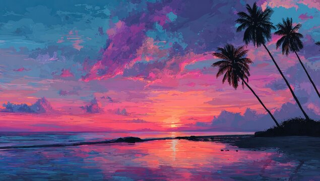 Vibrant sunset over tranquil beach with palm trees (1) - Powered by Adobe