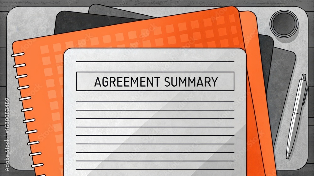 Poster agreement owner management interest concept. document with agreement summary and colorful notebooks 