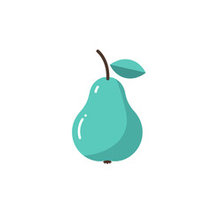 A stylized, turquoise-colored pear with a brown stem and green leaf, isolated on a white background.