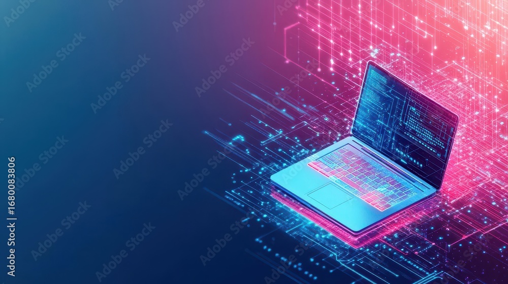 Aufkleber futuristic digital technology concept featu a holographic laptop with code and data visualization on