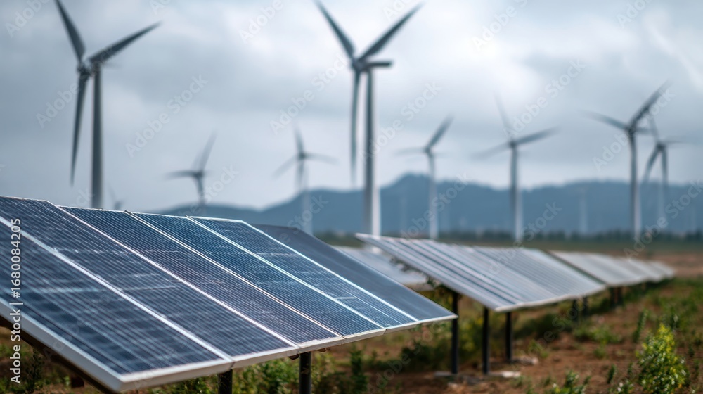 Poster hybrids renewable setup featuring solar panels and wind turbines side by side focused on the solar a