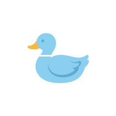 Obraz premium A light-blue cartoon duck, simple and stylized, profile view, with a yellow beak and light-orange feet.