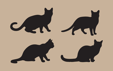 Four black cat silhouettes in different poses on a neutral background