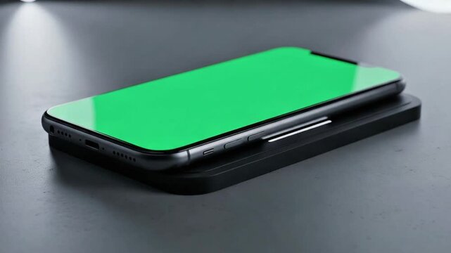 Smartphone charging wirelessly with a green screen for easy customization