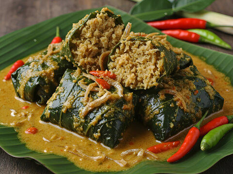 Authentic Indonesian Buntil, grated coconut and anchovy filling wrapped in leaves, served with spicy coconut curry sauce