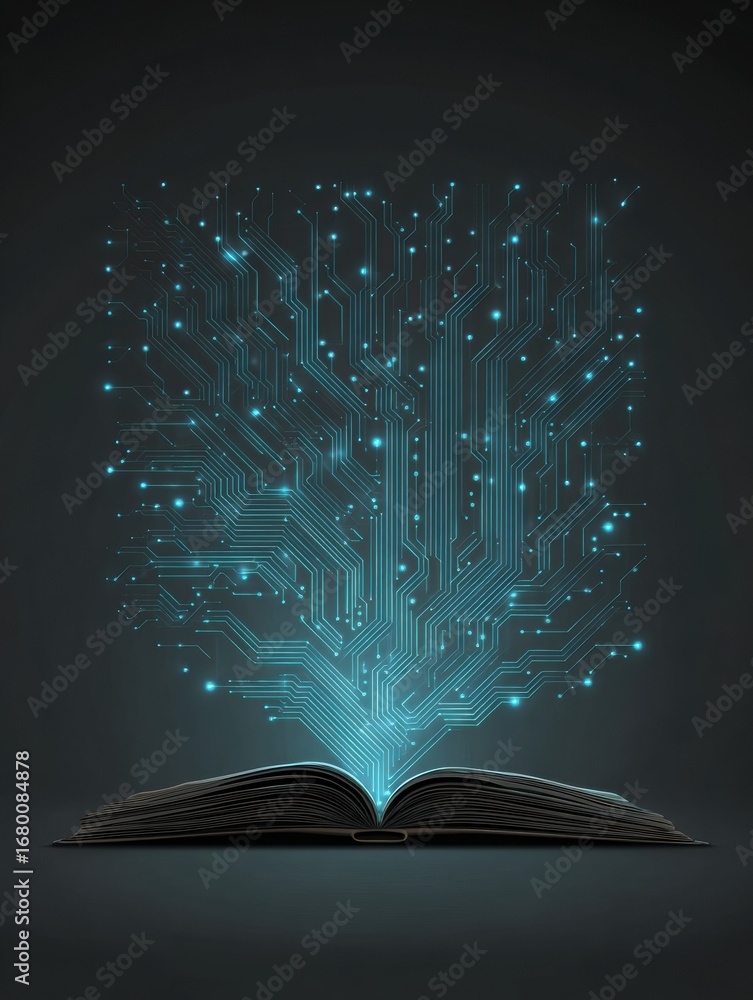 Aufkleber digital knowledge emerges from an open book with glowing circuit patterns on a dark background