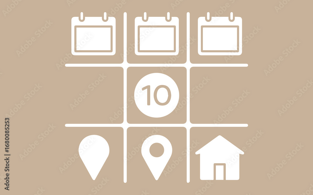 Poster tic tac toe game with calendar location and number icons on beige background
