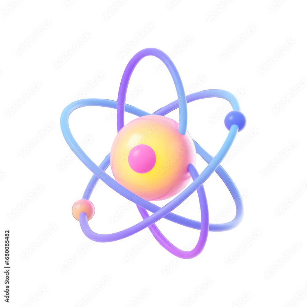 Poster stylized 3d atom model with orbiting electrons and vibrant gradient colors isolated on transparent b