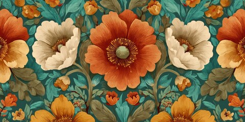 Teal background with large orange and cream poppies and smaller yellow flowers