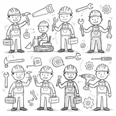 Hand-Drawn Doodle Set of Workers and Tools	
