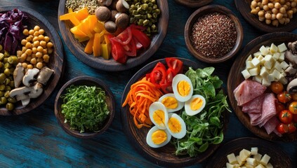 Colorful bowls of healthy ingredients, including vegetables, legumes, grains, and protein, arranged on a rustic wooden surface