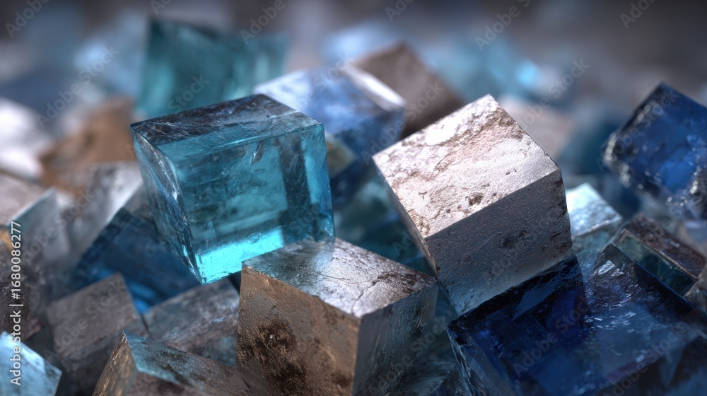Poster intricate arrangement of blue and silver crystal cubes reflecting light in a mesmerizing display of 