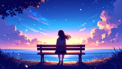 Girl on bench, tranquil sunset